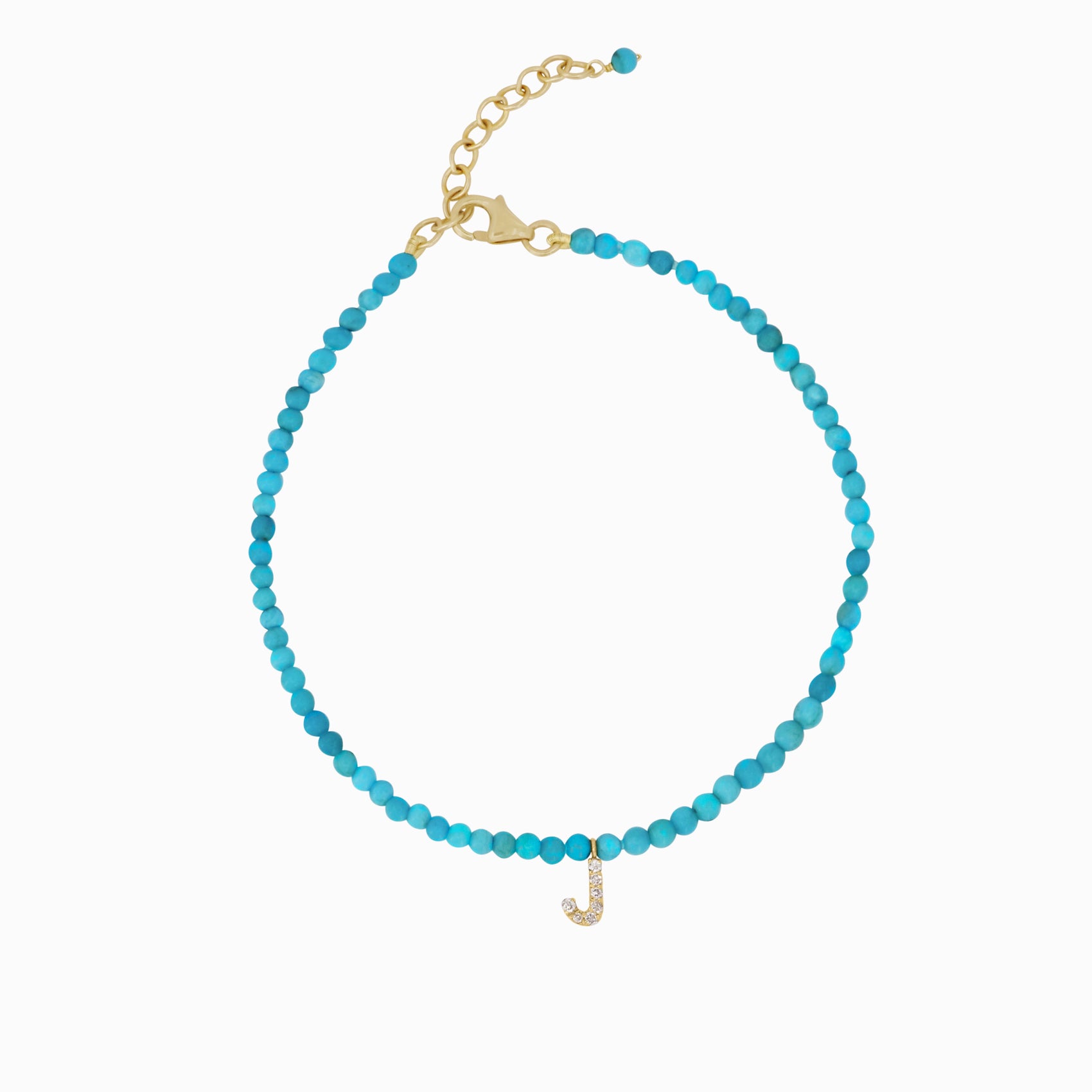 J Initial Letter Pavé Diamond Turquoise Bead Bracelet 14K Gold