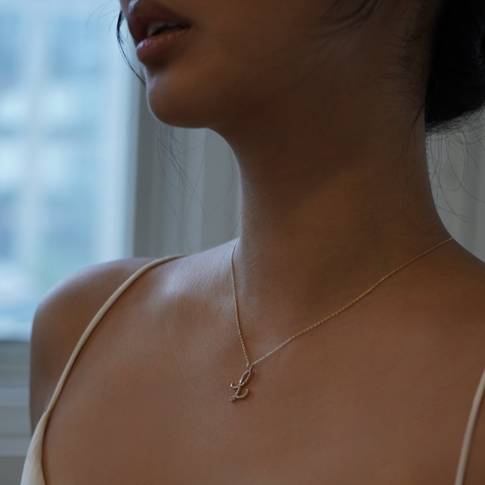 L Script Initial Letter Pavé Diamond Charm 14K Gold