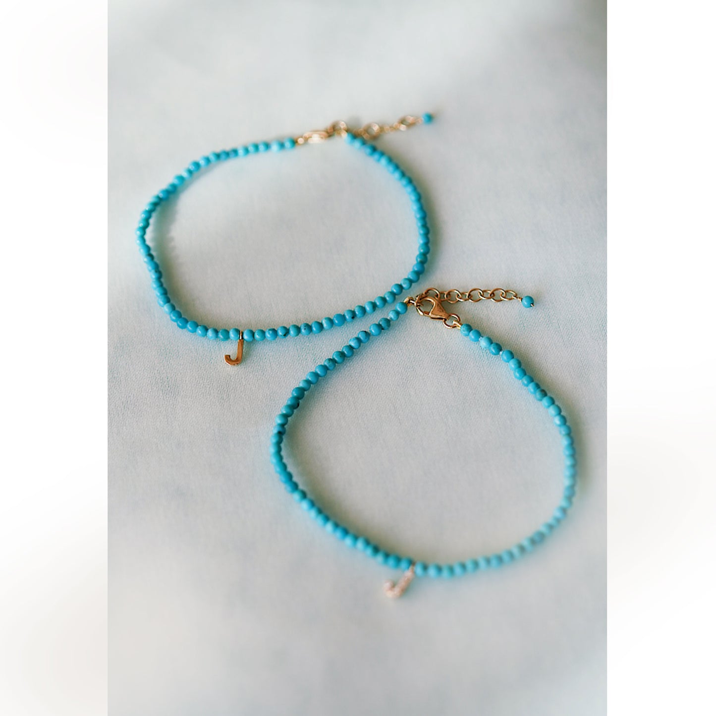 S Initial Letter Charm Turquoise Bracelet 14K Solid Gold