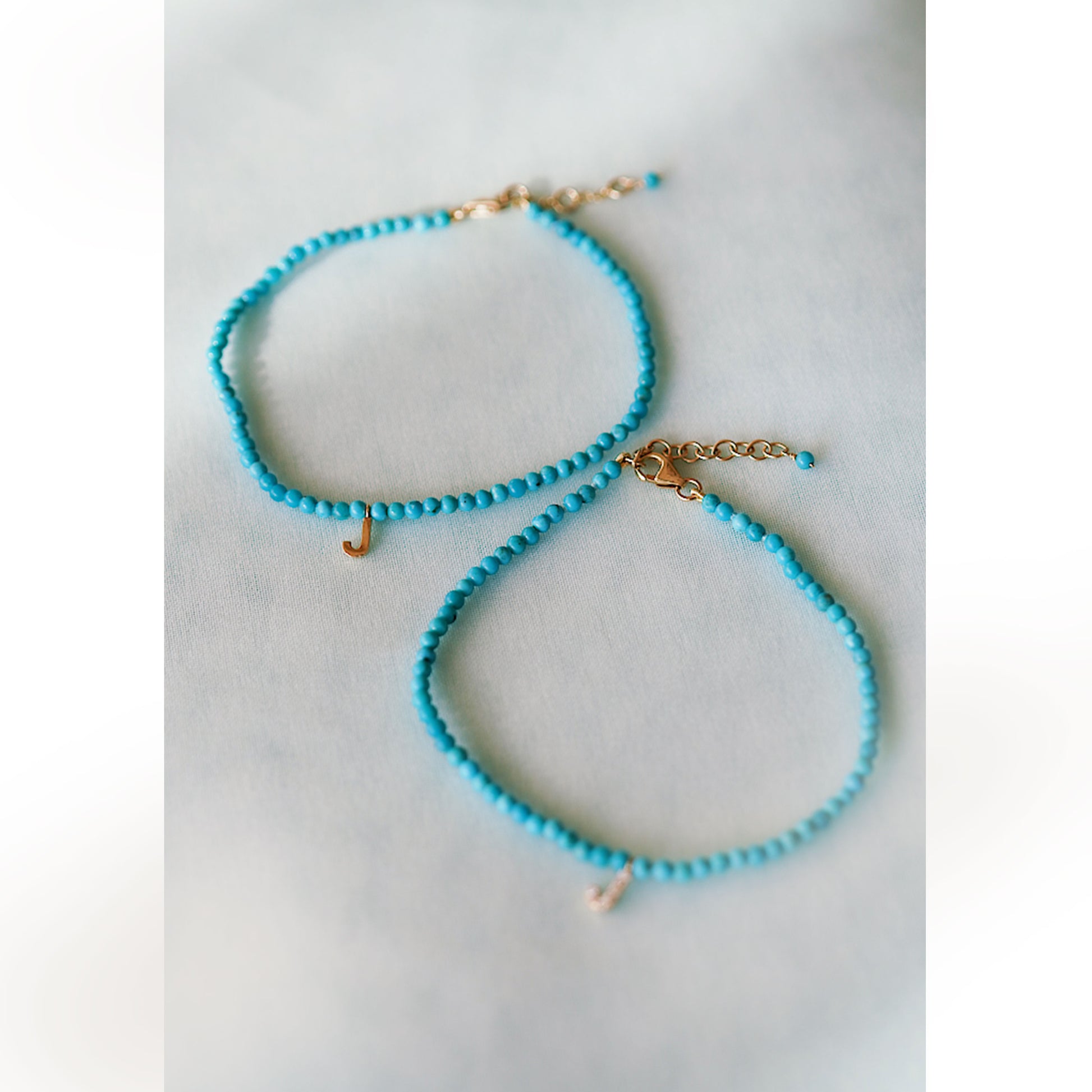 S Initial Letter Charm Turquoise Bracelet 14K Solid Gold