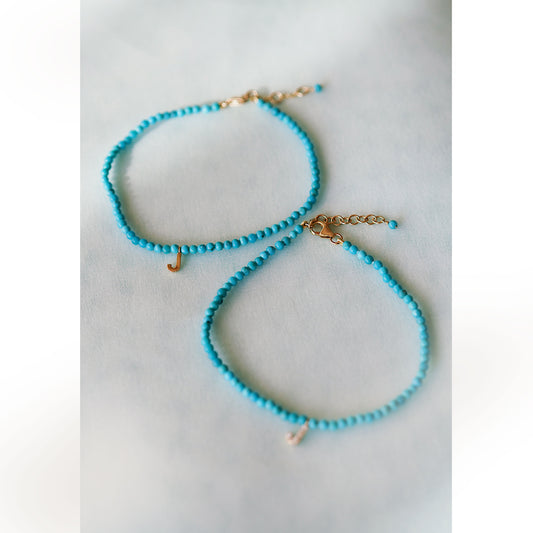 S Initial Letter Charm Turquoise Bracelet 14K Solid Gold