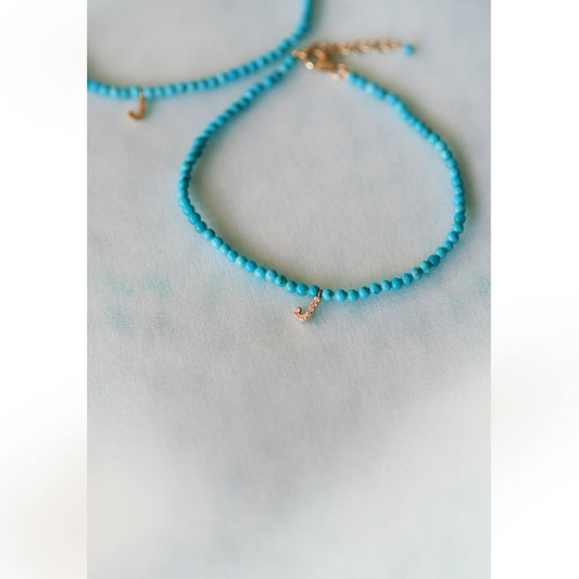 J Initial Letter Pavé Diamond Turquoise Bead Bracelet 14K Gold