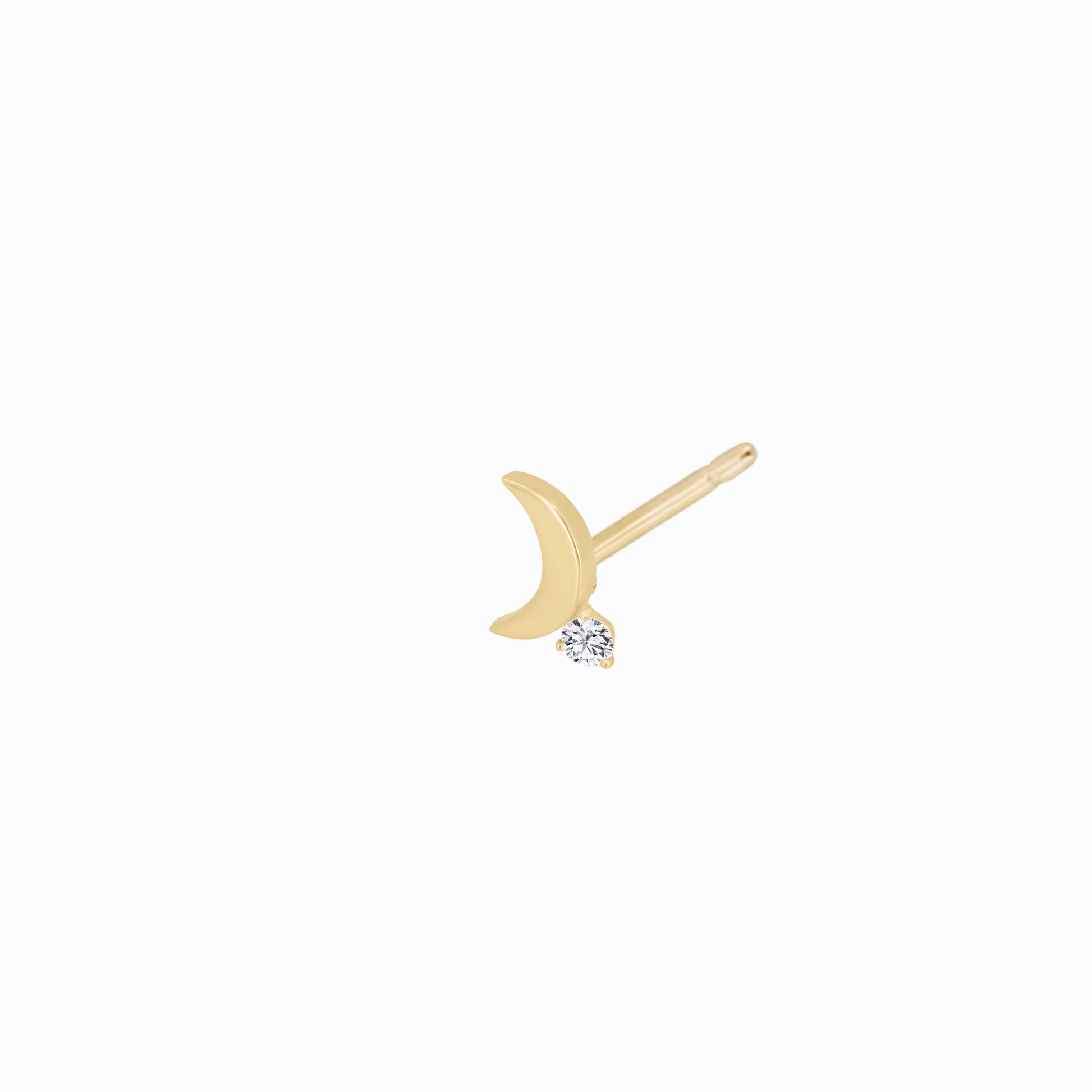 Crescent Moon One Diamond Solid Gold Stud Earrings