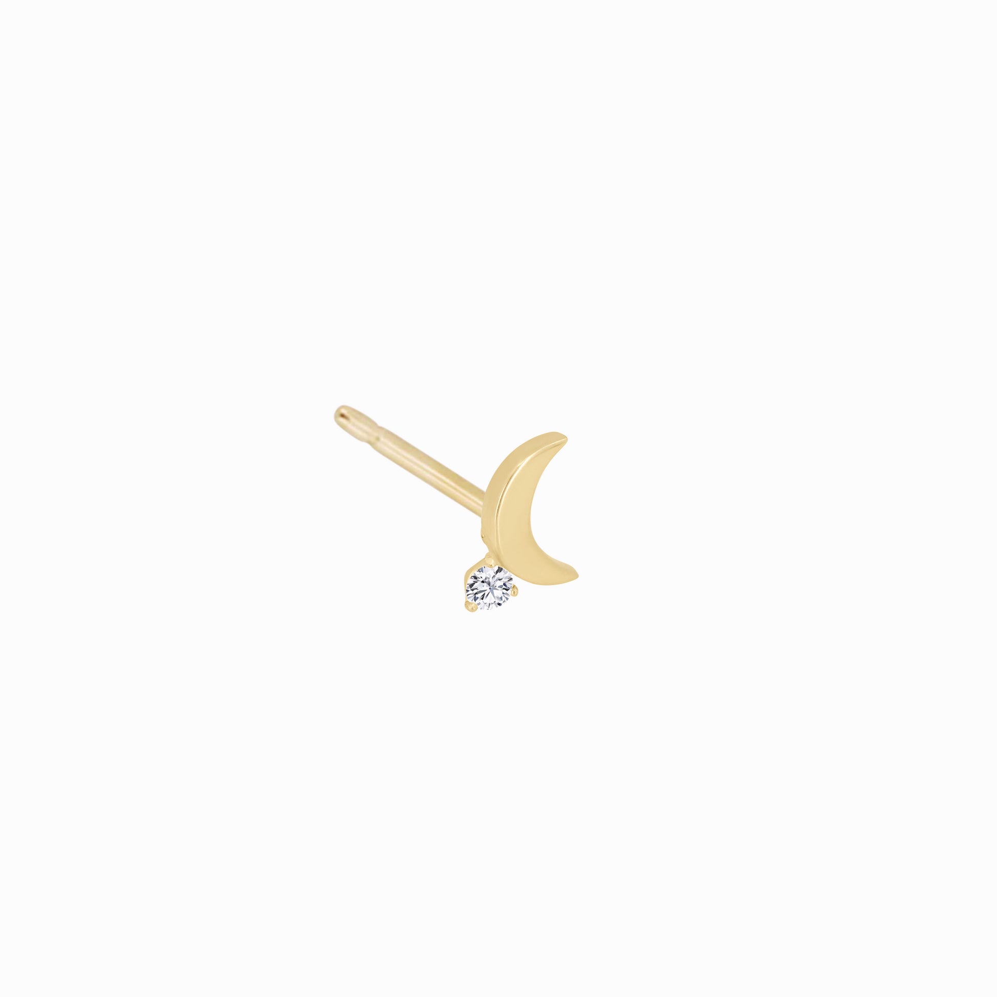 Crescent Moon One Diamond Solid Gold Stud Earrings