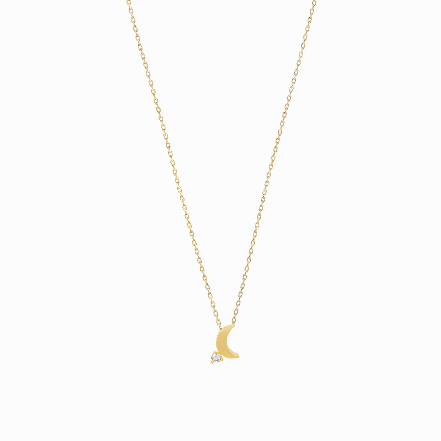 Crescent Moon One Pavé Lab Diamond Solid Necklace 14K Gold