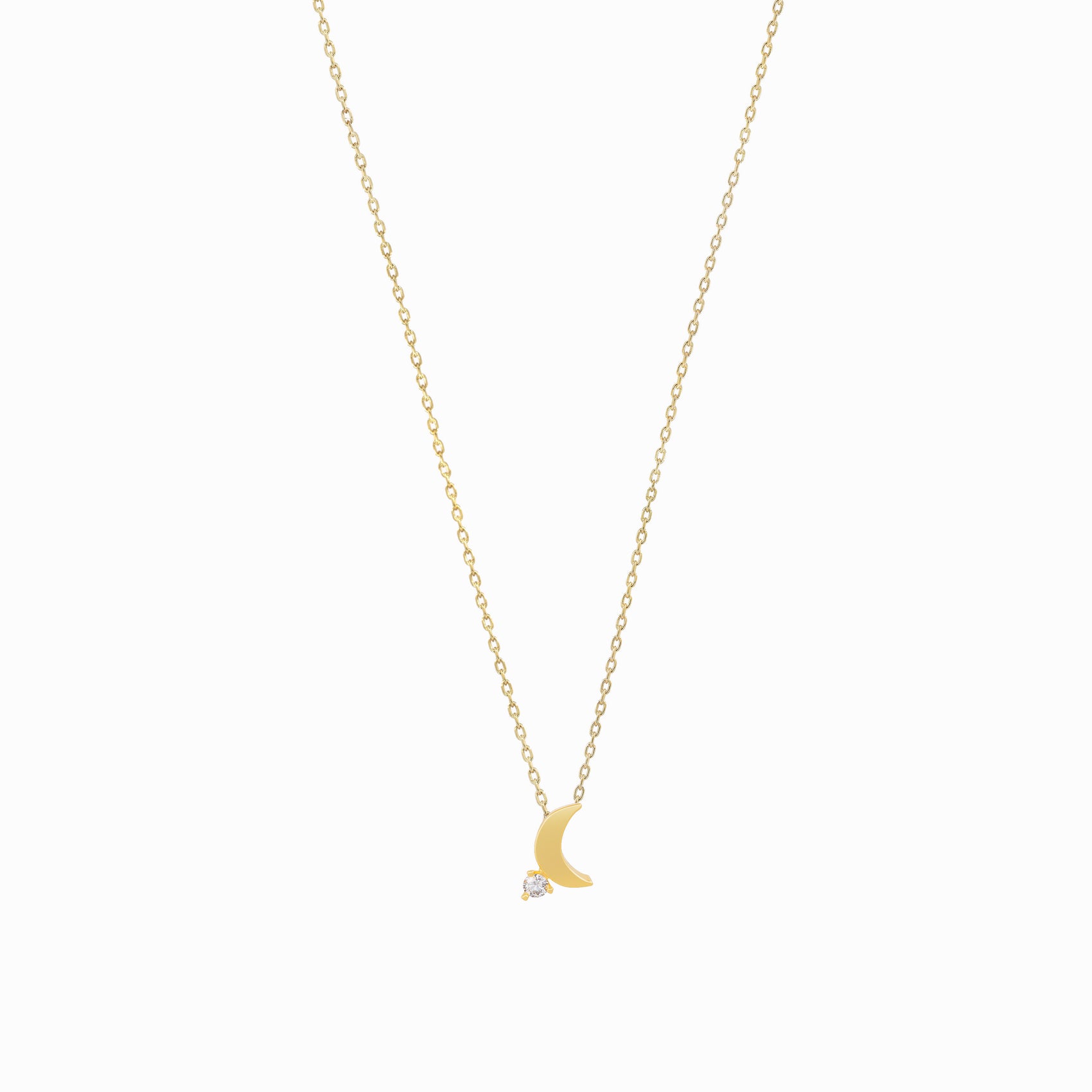 Crescent Moon One Pavé Lab Diamond Solid Necklace 14K Gold