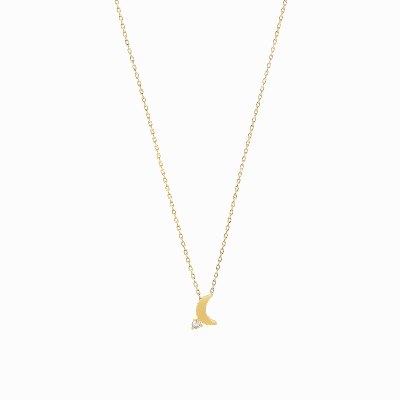Crescent Moon One Pavé Diamond Solid Necklace 14K Gold