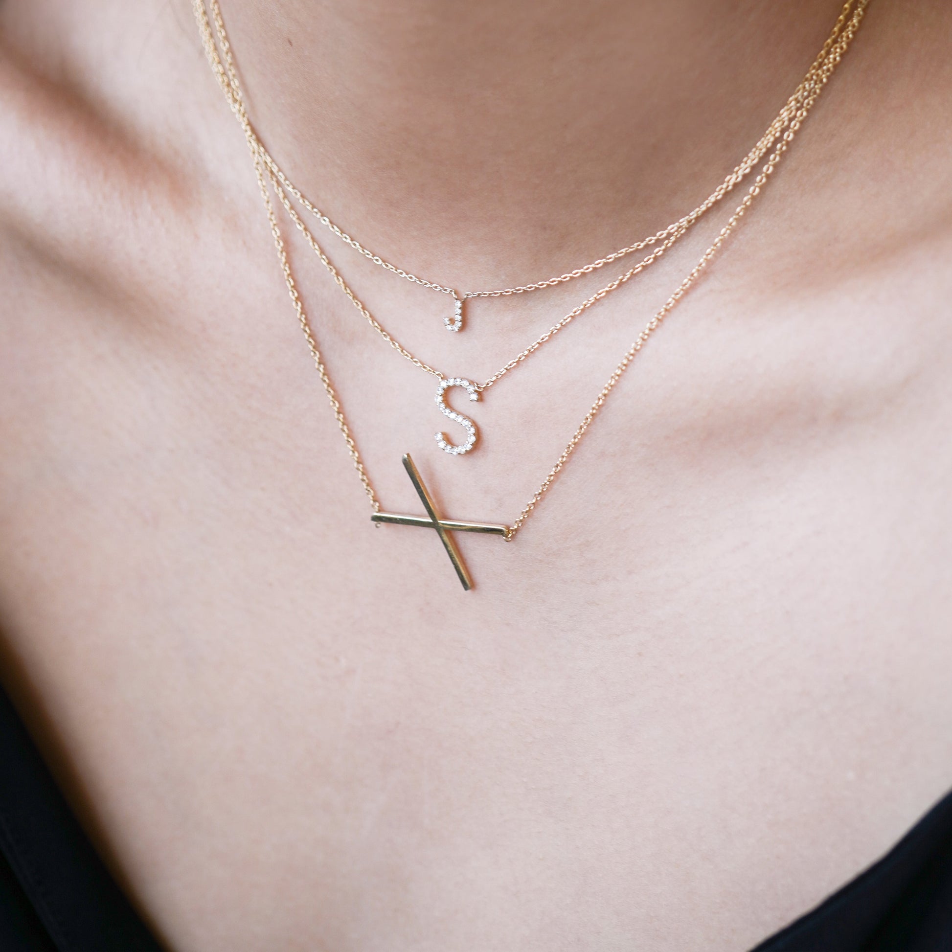 S Initial Letter Pavé Lab Diamond Necklace 14K Gold