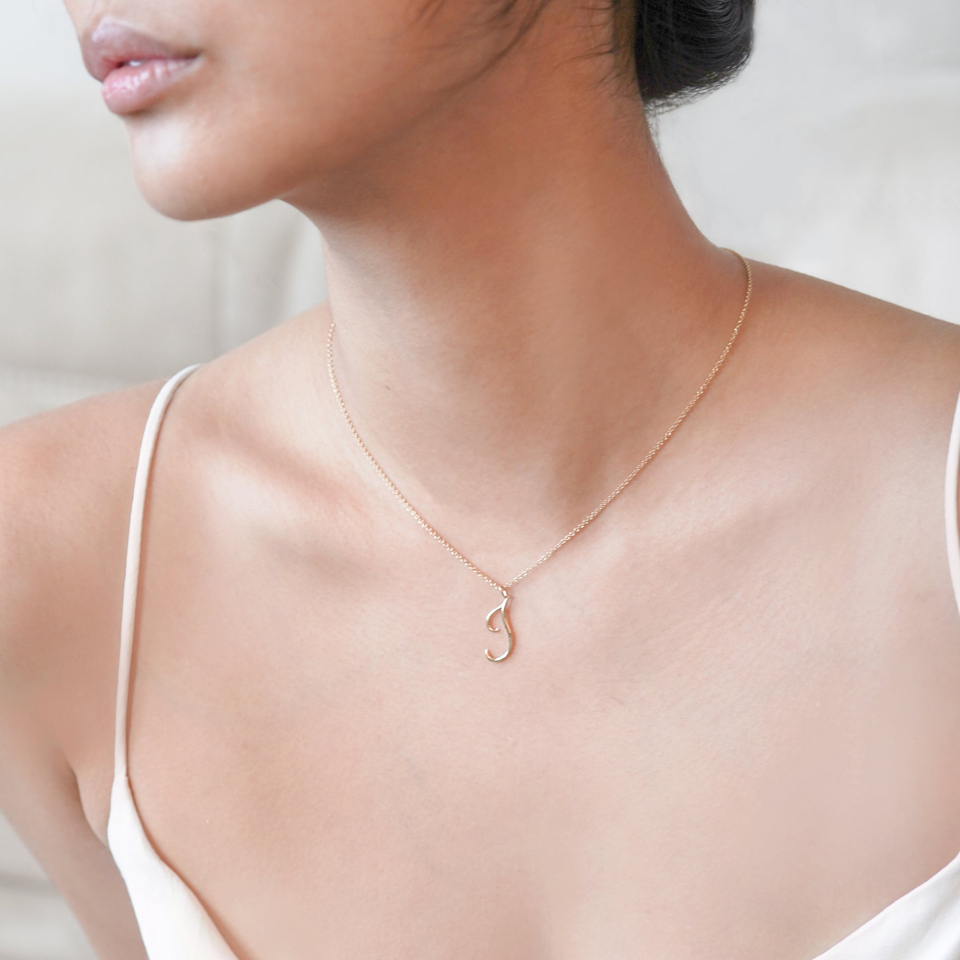 J Script Initial Letter Charm Pendant 14K Gold