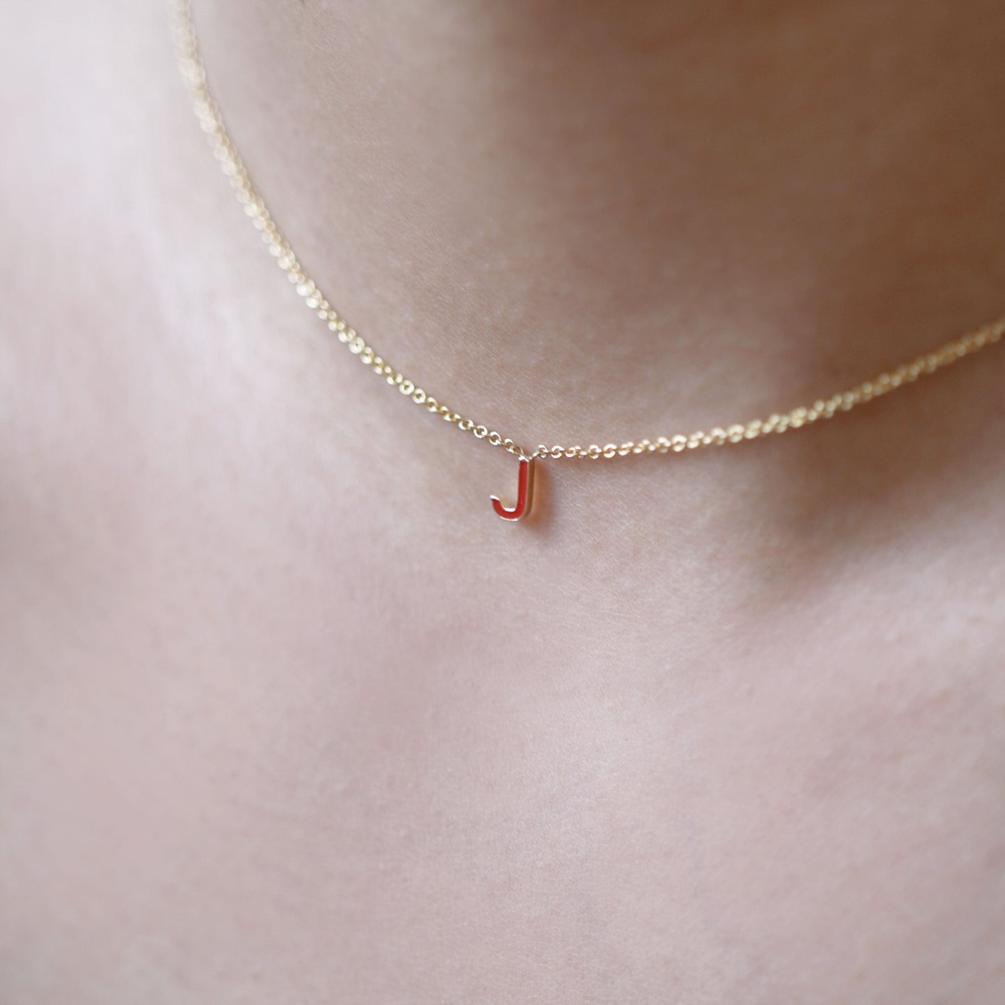 J Initial Letter Enamel Necklace 14K Solid Gold