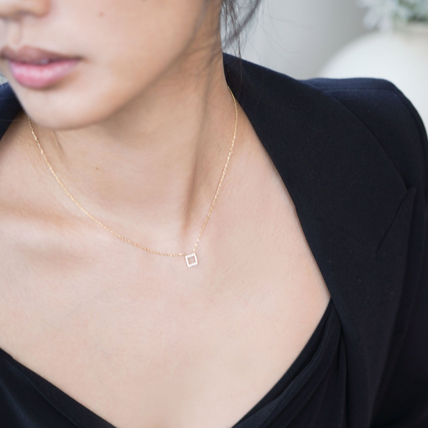 Hangul Korean Letter Pavé Lab Diamond Necklace Sterling Silver ㅁ