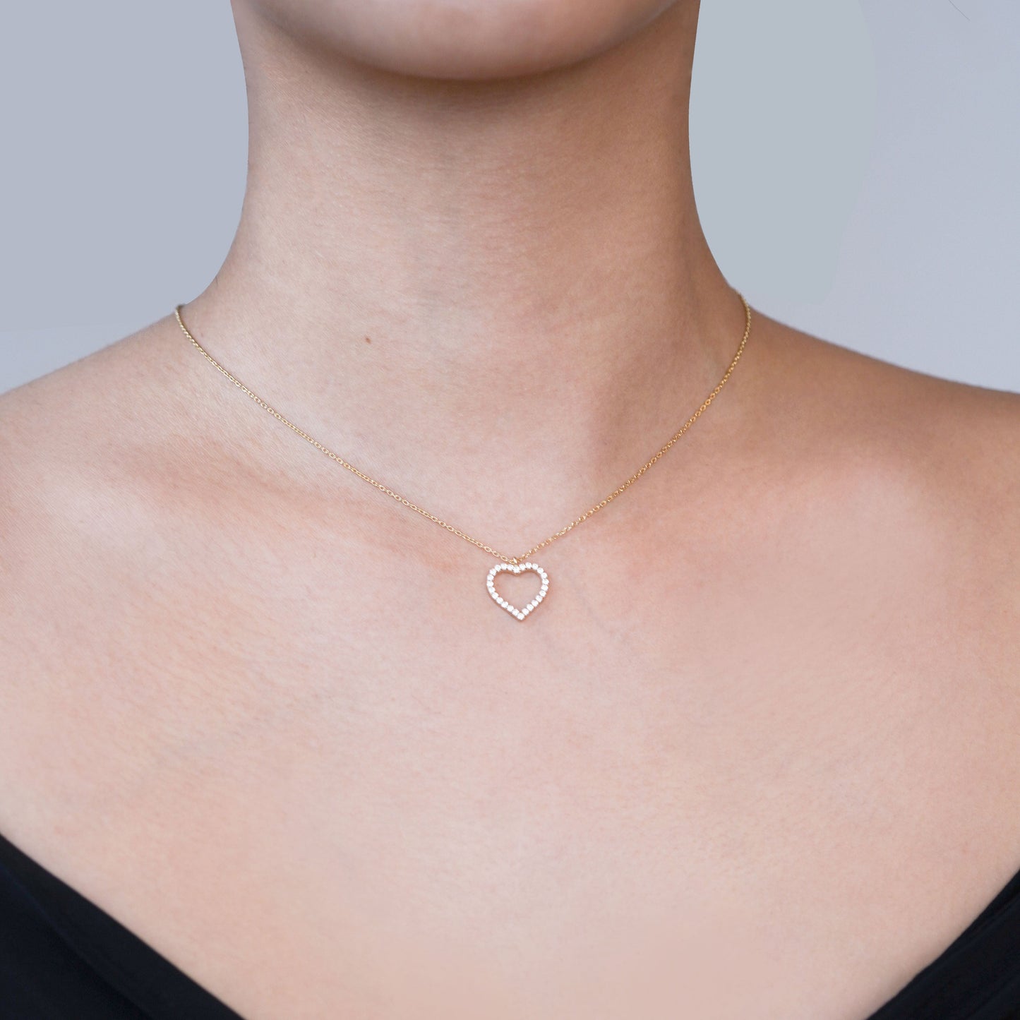 Open Heart Pavé Diamond Solid Gold Necklace