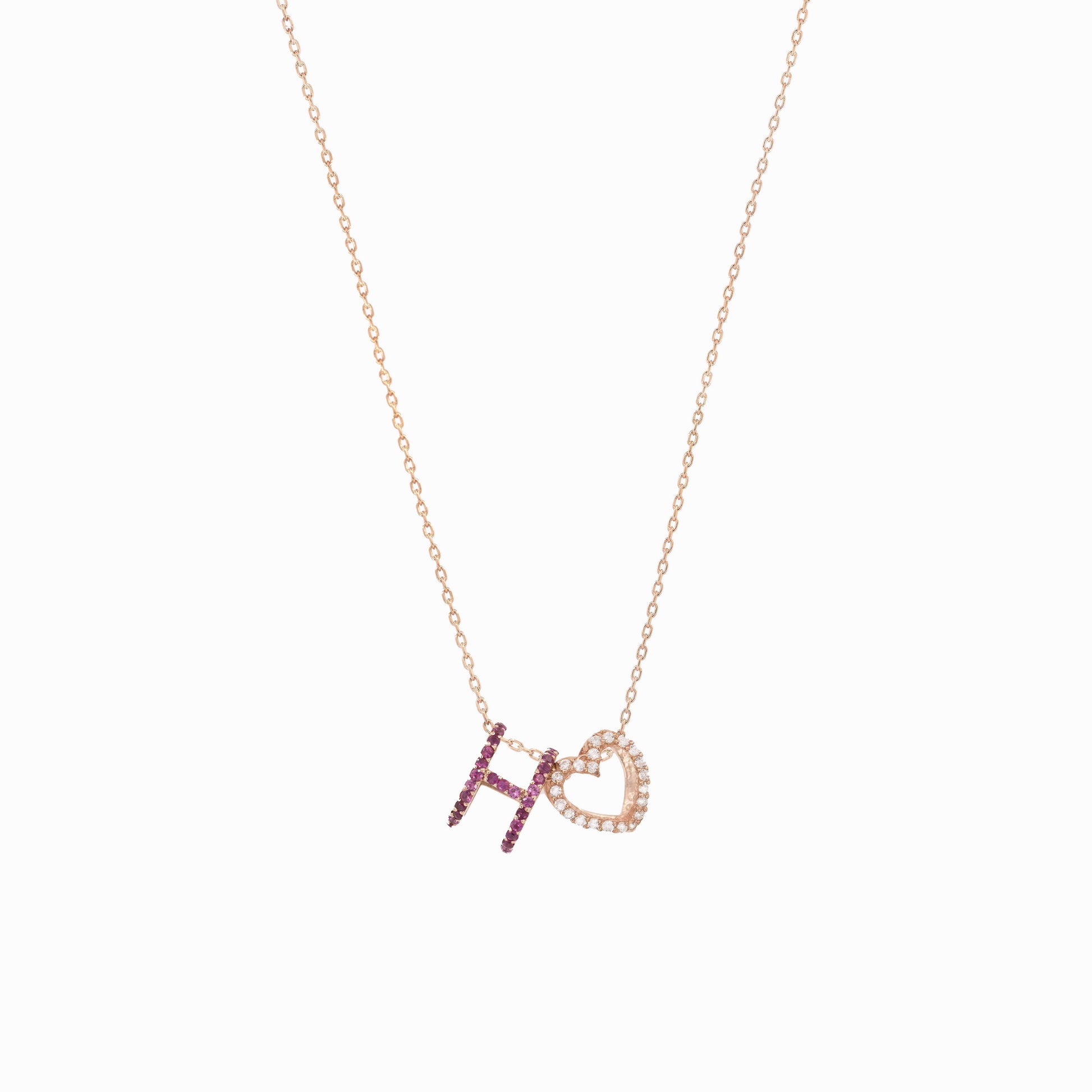 Eclipse H Initial Letter Pavé Pink Sapphire Rose Gold Necklace