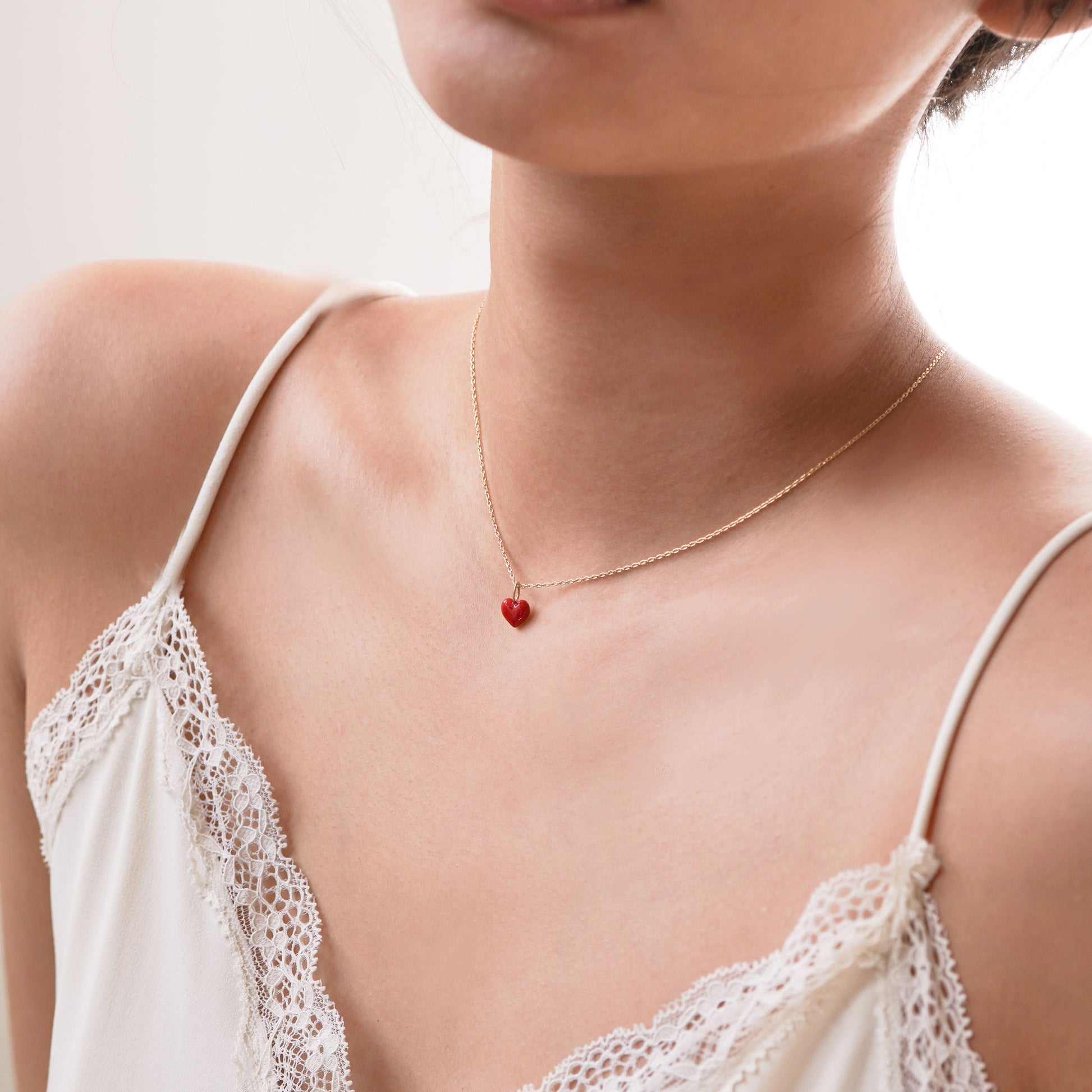 Puffy Heart Red Enamel Solid 14K Gold Necklace 