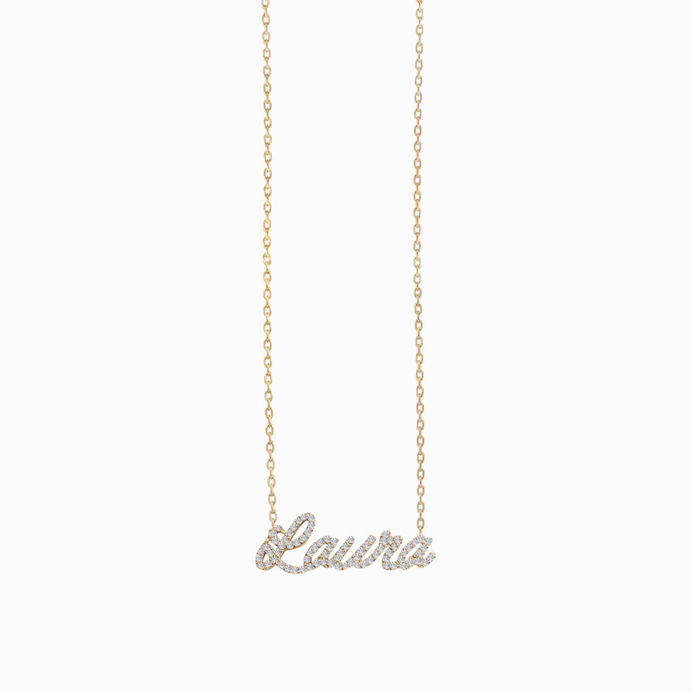 Custom Script Word Pavé Diamond Gold Necklace LAURA