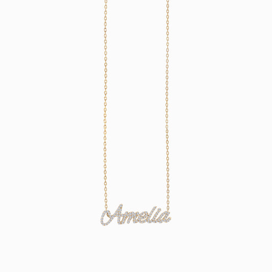 Pavé Natural Diamond Custom Script Name Necklace Personalized 14K Solid Gold
