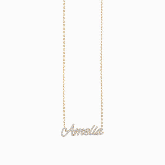 Pavé Natural Diamond Custom Script Name Necklace Personalized 14K Solid Gold