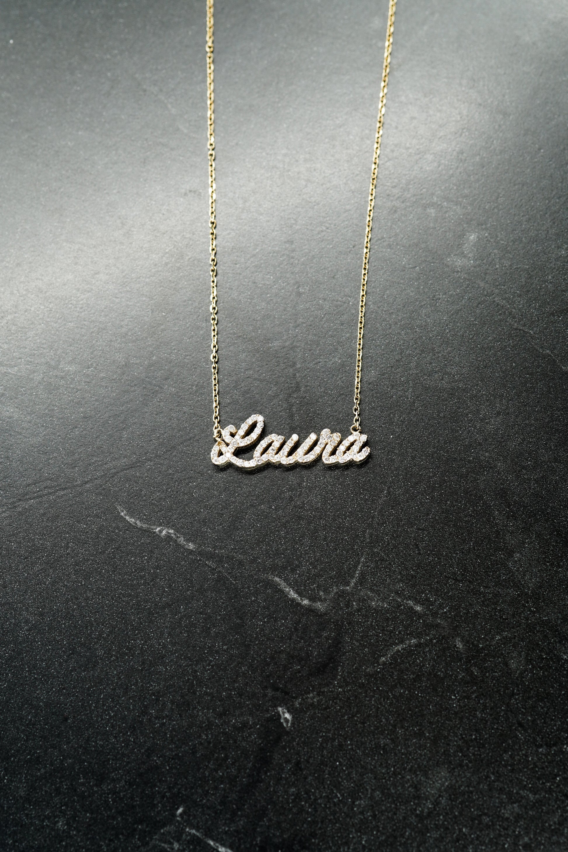 Pavé Natural Diamond Custom Script Name Necklace Personalized 14K Solid Gold