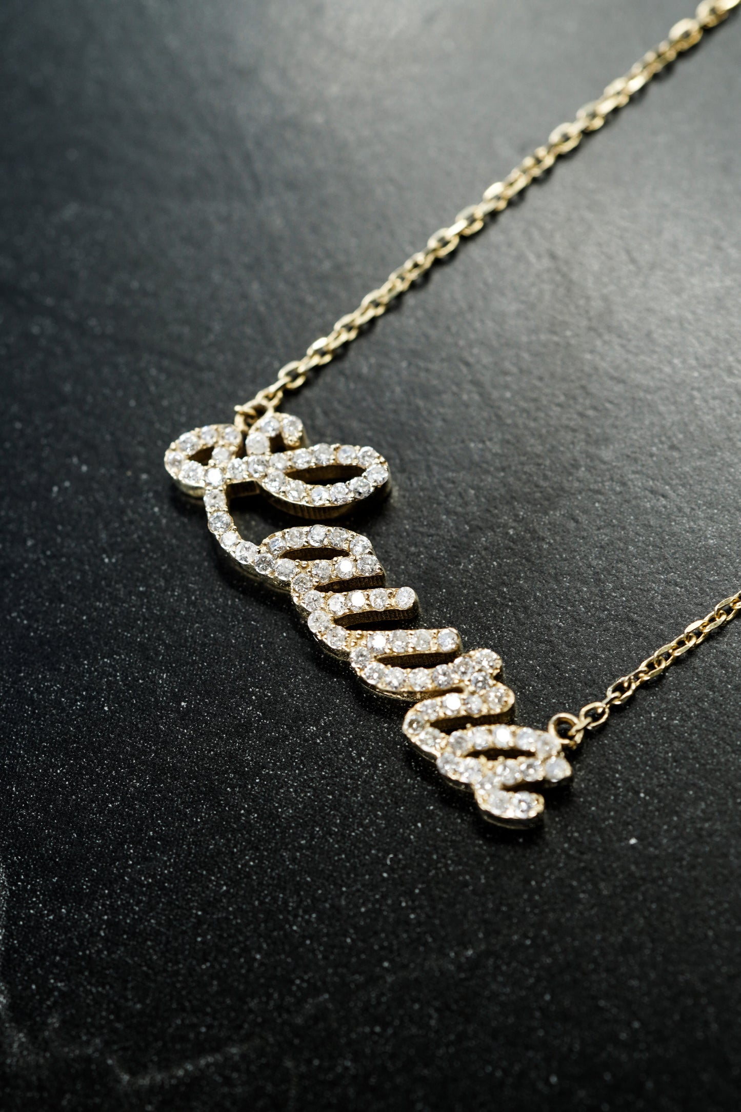 Pavé Natural Diamond Custom Script Name Necklace Personalized 14K Solid Gold