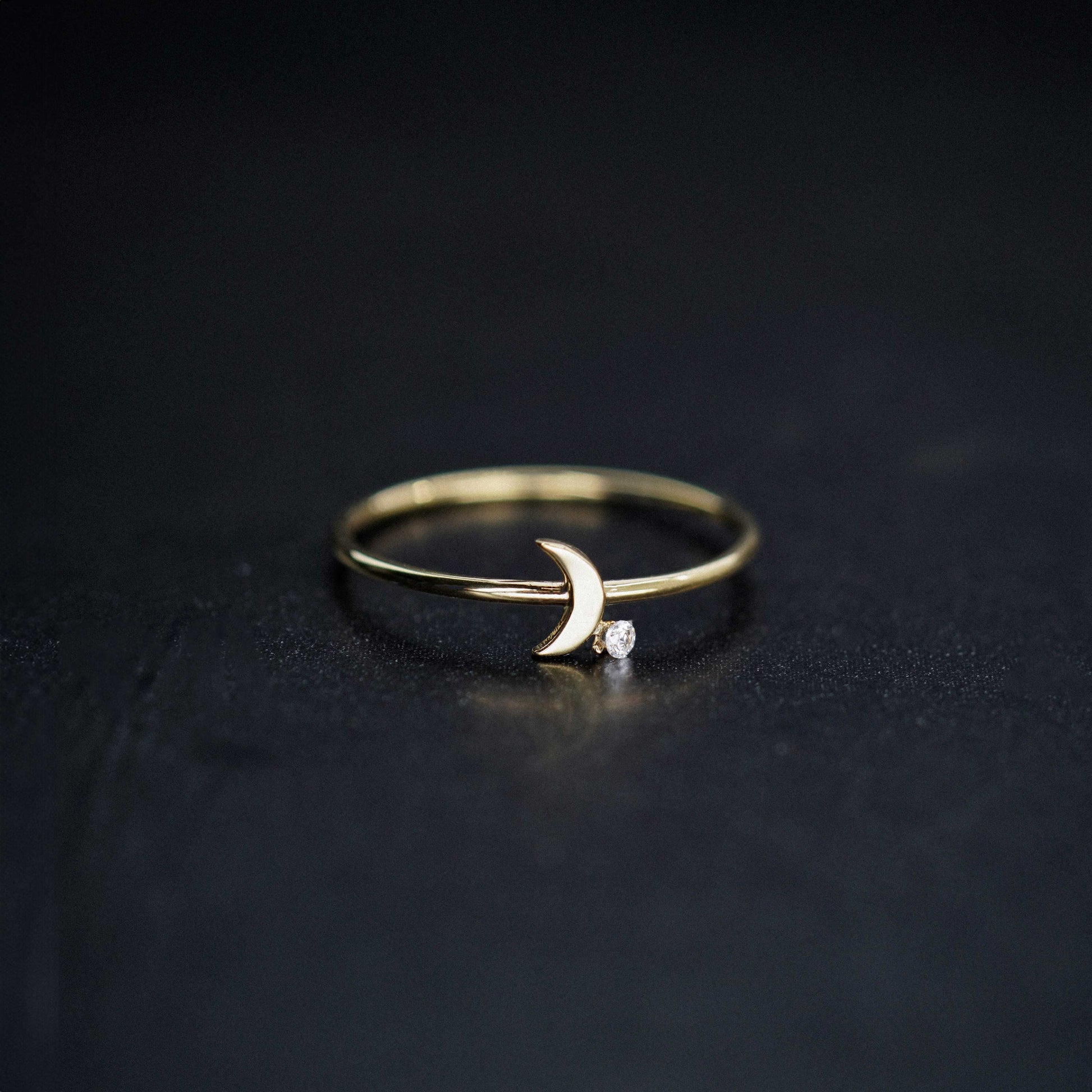 Crescent Moon One Diamond Solid Gold Ring