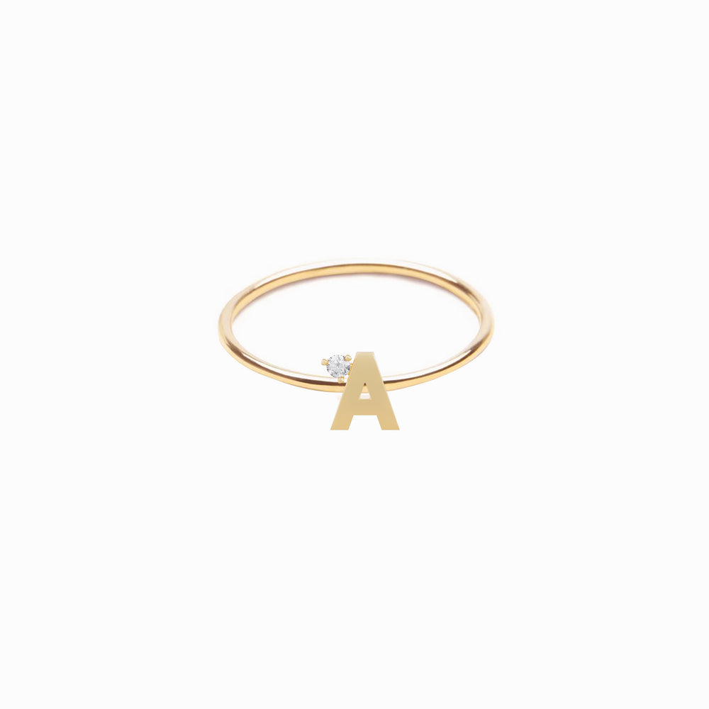 A Line Initial Letter One Diamond 14k Solid Gold Ring