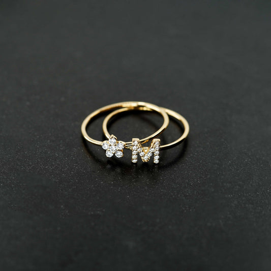 K Line Initial Letter Pavé Lab Diamond Ring 14K Gold