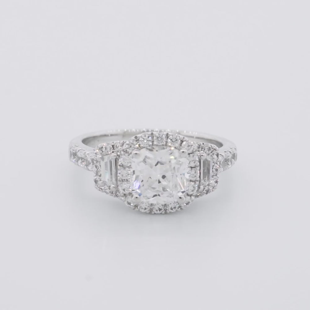 
          
          Load and play video in Gallery viewer, Maly Lab Created Diamond Cushion Halo Three Stone Pave Diamonds White Gold Ring
          
          