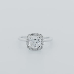 
          
          Load and play video in Gallery viewer, Linda Moissanite Cushion Natural Diamonds Halo 18k White Gold Ring In Stock
          
          