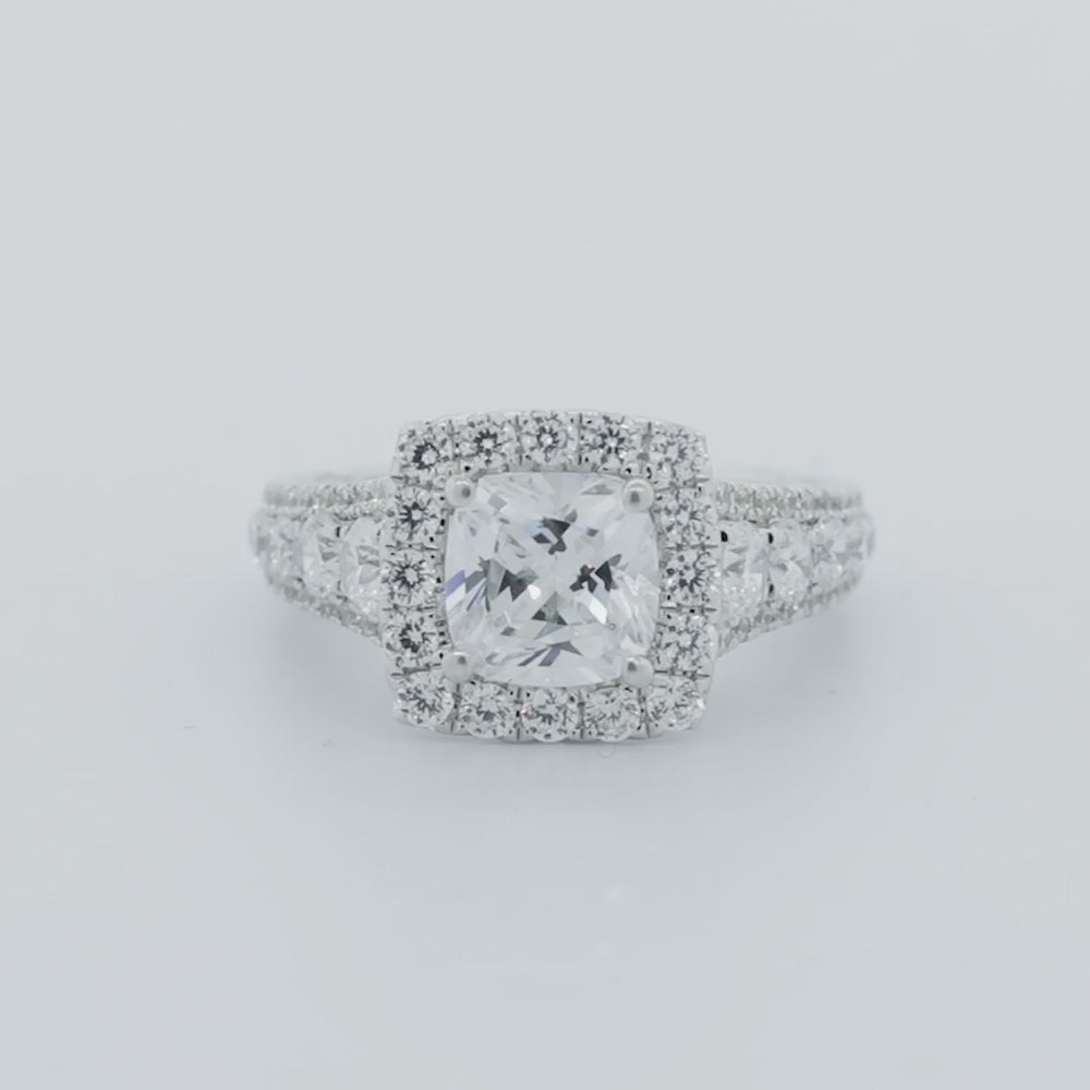 
          
          Load and play video in Gallery viewer, 3.30ct Elda Moissanite Cushion Halo Pave Natural Diamonds 18k White Gold Ring
          
          