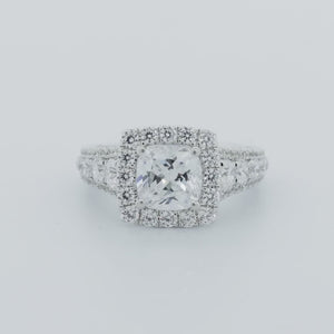 
          
          Load and play video in Gallery viewer, 3.30ct Elda Moissanite Cushion Halo Pave Natural Diamonds 18k White Gold Ring
          
          