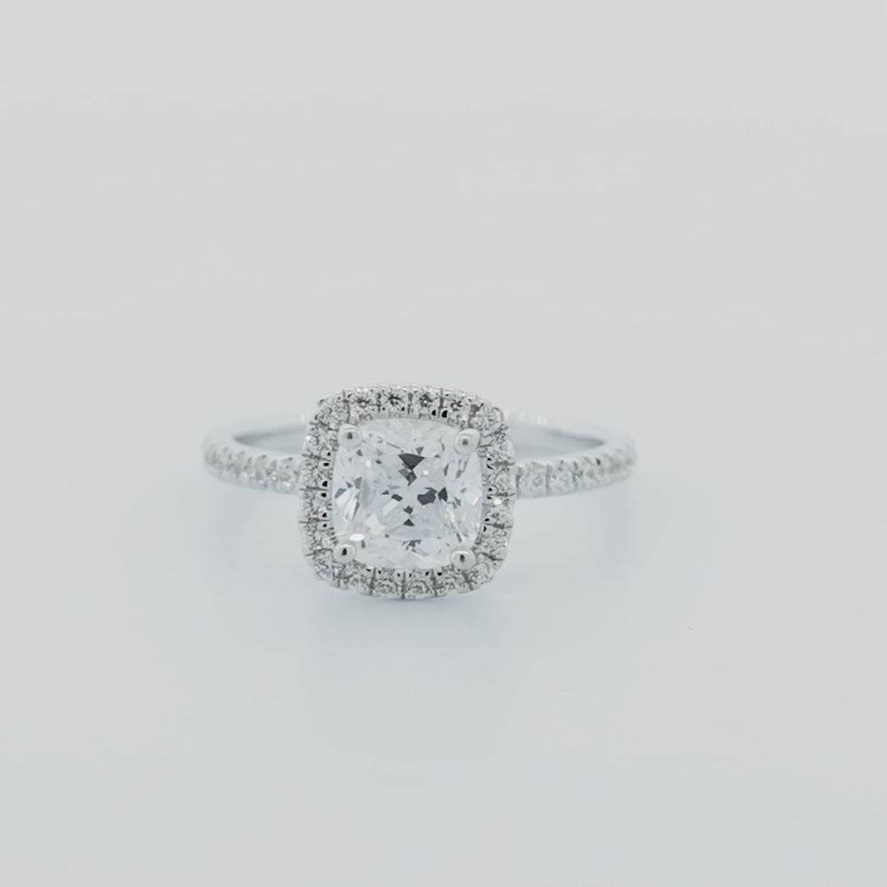 
          
          Load and play video in Gallery viewer, Novella Moissanite Cushion Halo Pave Natural Diamonds 18k White Gold Ring In Stock
          
          