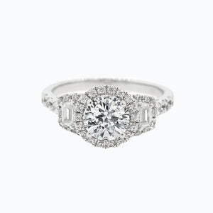 
          
          Load image into Gallery viewer, 2.70ct Aura Moissanite Round Halo Three Stone Pave Diamonds 18k White Gold Ring
          
          