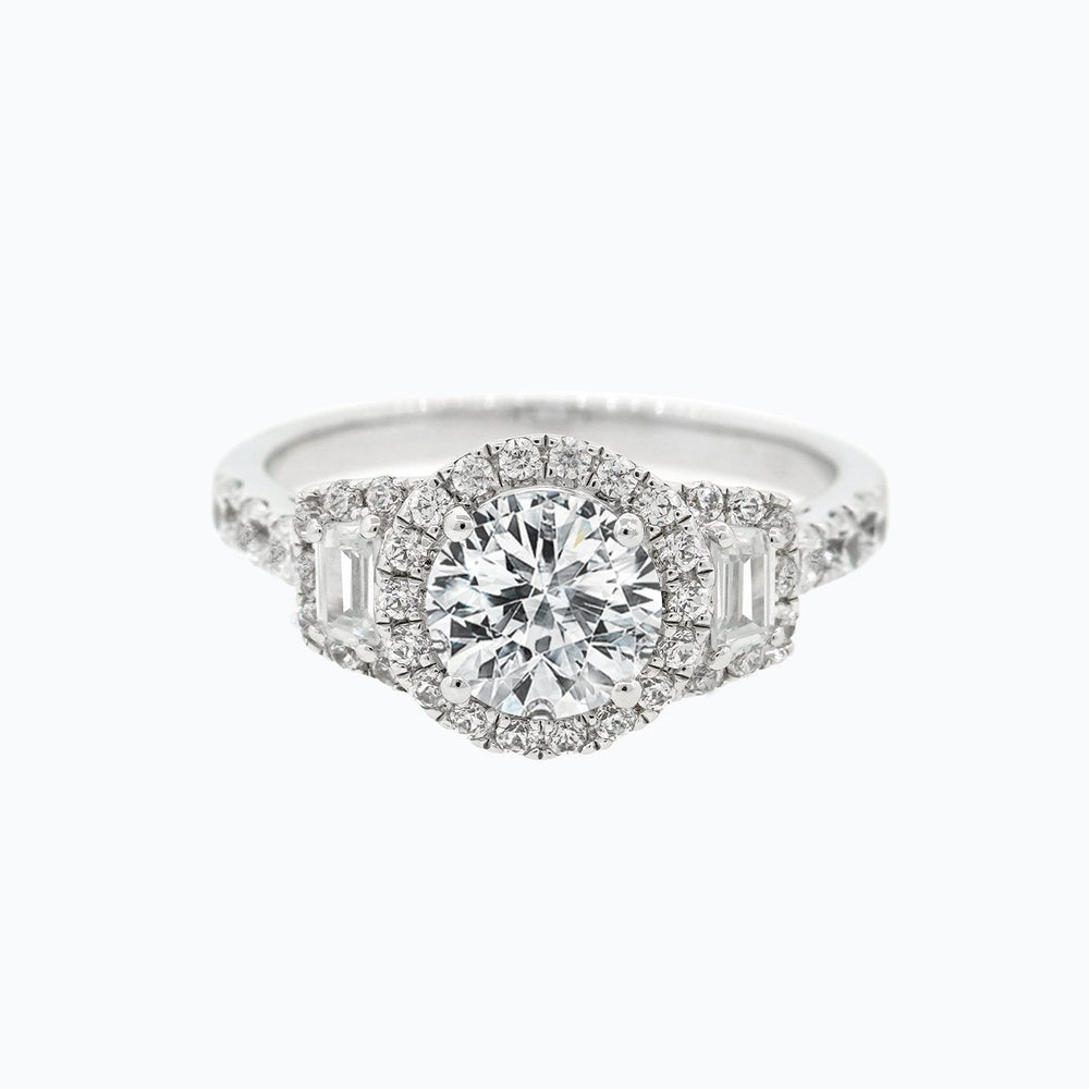 Aura Round Halo Three Stone Pave Diamonds 18k White Gold Semi Mount Engagement Ring