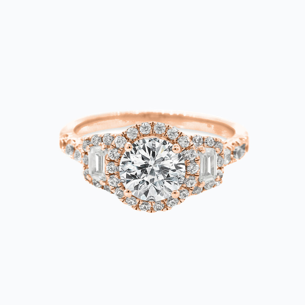 
          
          Load image into Gallery viewer, Aura Round Halo Three Stone Pave Diamonds Ring 14K Rose Gold
          
          