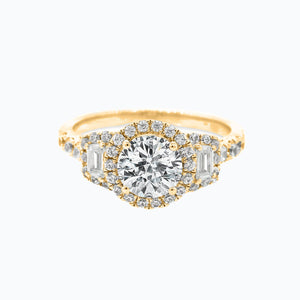 
          
          Load image into Gallery viewer, Aura Moissanite Round Halo Three Stone Pave Diamonds Yellow Gold Ring
          
          