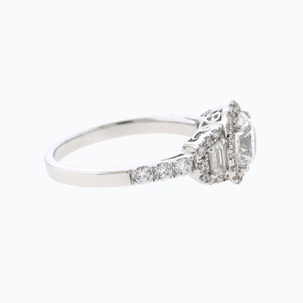 
          
          Load image into Gallery viewer, Aura Round Halo Three Stone Pave Diamonds Ring 14K White Gold
          
          