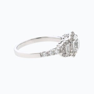 
          
          Load image into Gallery viewer, 1.00ct Aura Moissanite Round Halo Three Stone Pave Diamonds 18k White Gold Ring
          
          