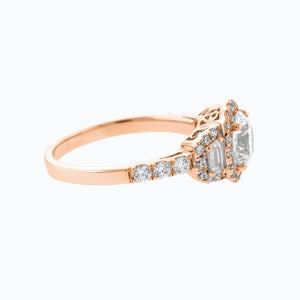 
          
          Load image into Gallery viewer, Aura Moissanite Round Halo Three Stone Pave Diamonds Rose Gold Ring
          
          