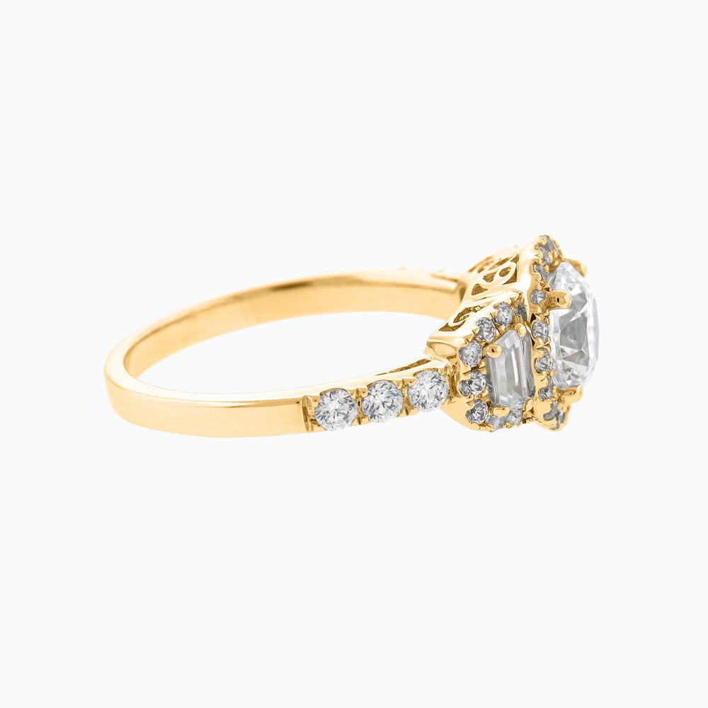 
          
          Load image into Gallery viewer, Aura Moissanite Round Halo Three Stone Pave Diamonds Yellow Gold Ring
          
          
