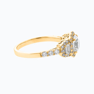 
          
          Load image into Gallery viewer, Aura Round Halo Three Stone Pave Diamonds Ring 18K Yellow Gold
          
          