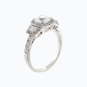 
          
          Load image into Gallery viewer, 3.00ct Aura Lab Diamond Round Halo Three Stone Pave Diamonds 18k White Gold Ring
          
          
