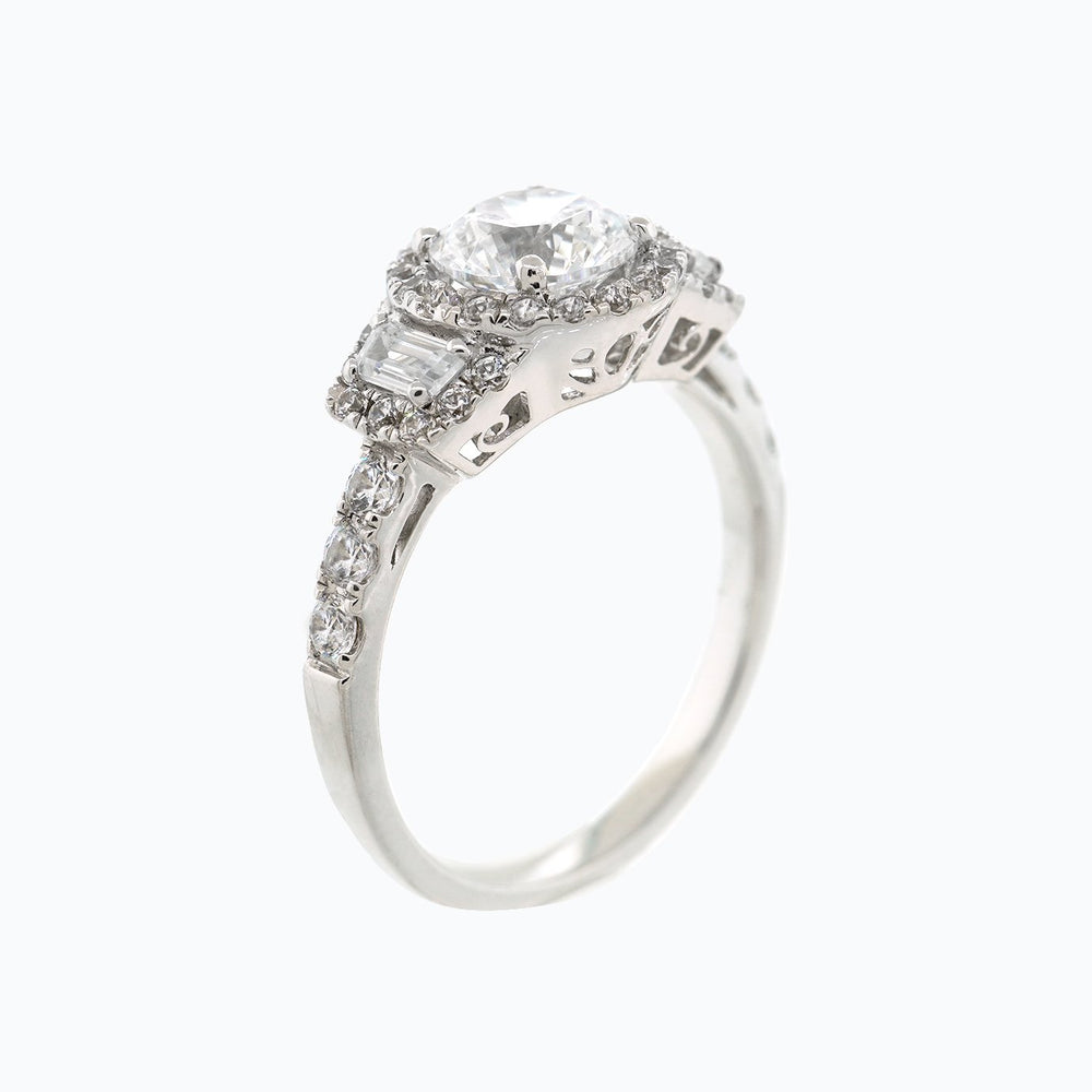 
          
          Load image into Gallery viewer, 1.00ct Aura Moissanite Round Halo Three Stone Pave Diamonds 18k White Gold Ring
          
          