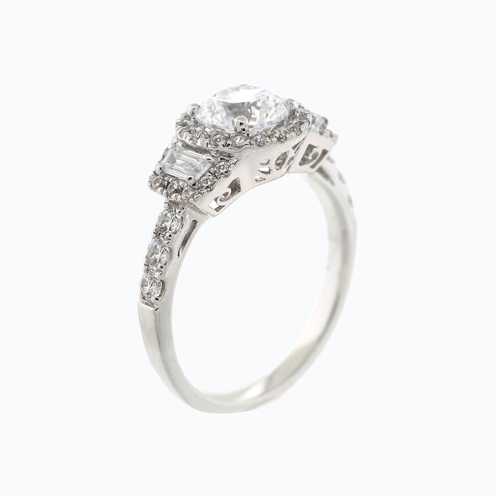 
          
          Load image into Gallery viewer, Aura Round Halo Three Stone Pave Diamonds Ring 14K White Gold
          
          
