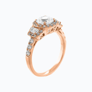 
          
          Load image into Gallery viewer, Aura Moissanite Round Halo Three Stone Pave Diamonds Rose Gold Ring
          
          