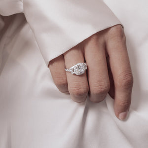 
          
          Load image into Gallery viewer, Maly Lab Created Diamond Cushion Halo Three Stone Pave Diamonds Platinum Ring
          
          