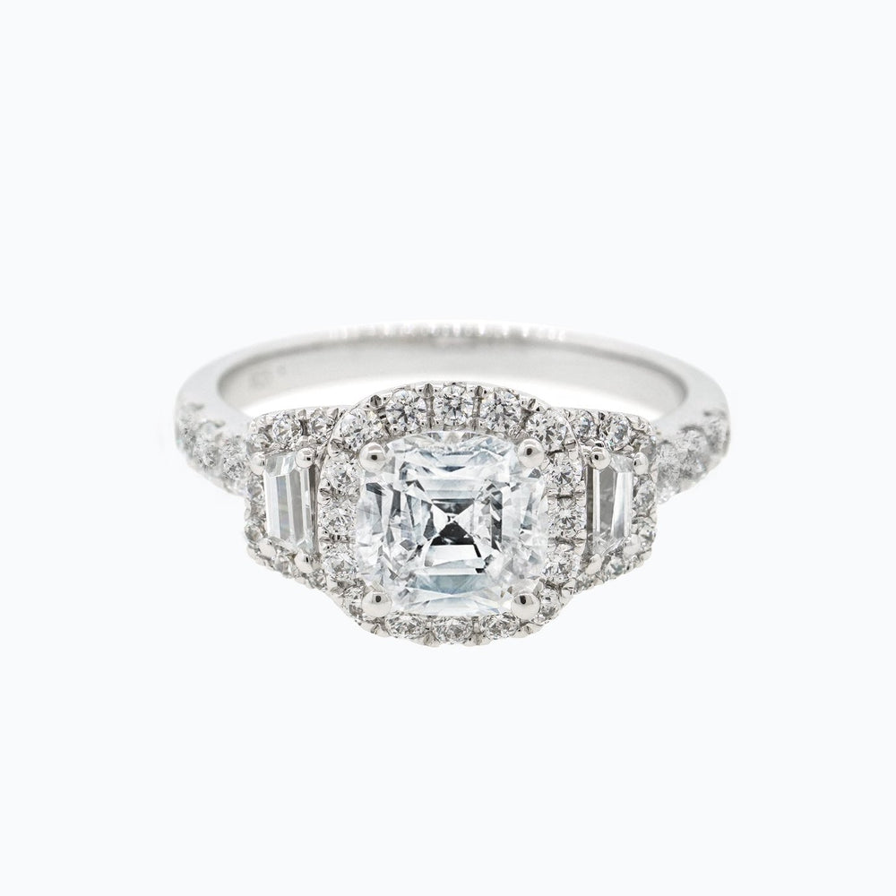 Maly Moissanite Cushion Halo Three Stone Pave Diamonds Platinum Ring