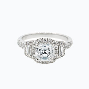 
          
          Load image into Gallery viewer, Maly Cushion Halo Three Stone Pave Diamonds 18k White Gold Semi Mount Engagement Ring
          
          