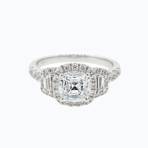 
          
          Load image into Gallery viewer, Maly Lab Created Diamond Cushion Halo Three Stone Pave Diamonds Platinum Ring
          
          