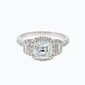 
          
          Load image into Gallery viewer, 1.10ct Maly Moissanite Cushion Halo Three Stone Pave Diamonds 18k White Gold Ring
          
          