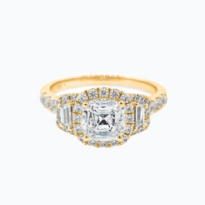 
          
          Load image into Gallery viewer, Maly Lab Created Diamond Cushion Halo Three Stone Pave Diamonds Yellow Gold Ring
          
          